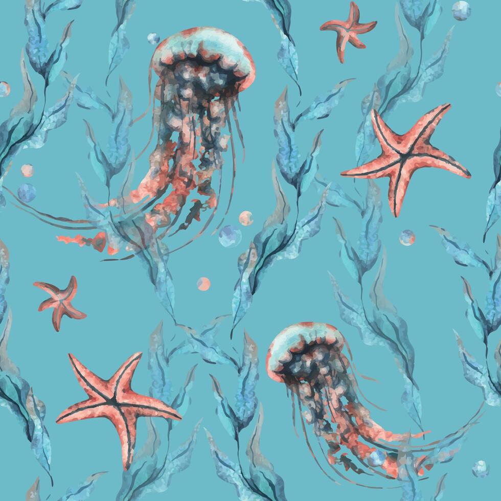 onderwater- wereld clip art met zee dieren kwallen, zeester, bubbels en algen. hand- getrokken waterverf illustratie. naadloos patroon Aan een blauw achtergrond vector