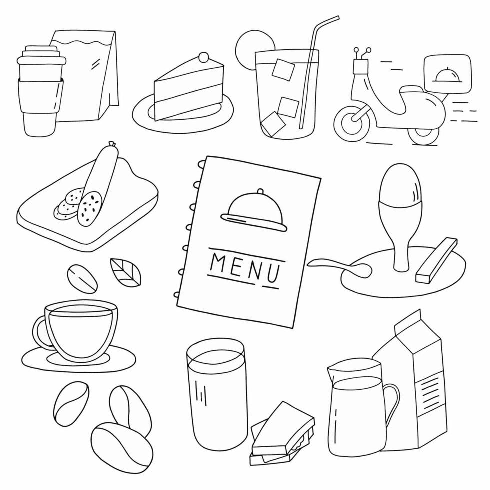 hand getekend tekening verzameling beeltenis geassorteerd koffie winkel items en accessoires vector