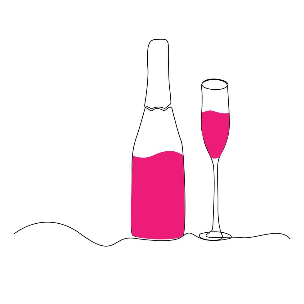 wijn fles en glas doorlopend een lijn kunst tekening minimalistische ontwerp vector en illustratie