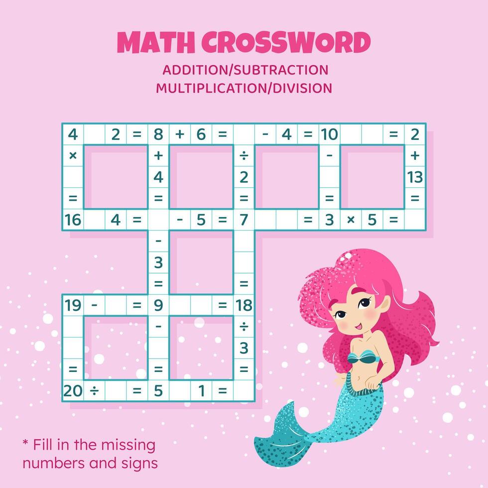 wiskunde kruiswoordraadsel puzzel voor kinderen. toevoeging, aftrekken, vermenigvuldiging en divisie. tellen omhoog naar 20. vector illustratie. spel met tekenfilm schattig meermin. taak, onderwijs materiaal voor kinderen.