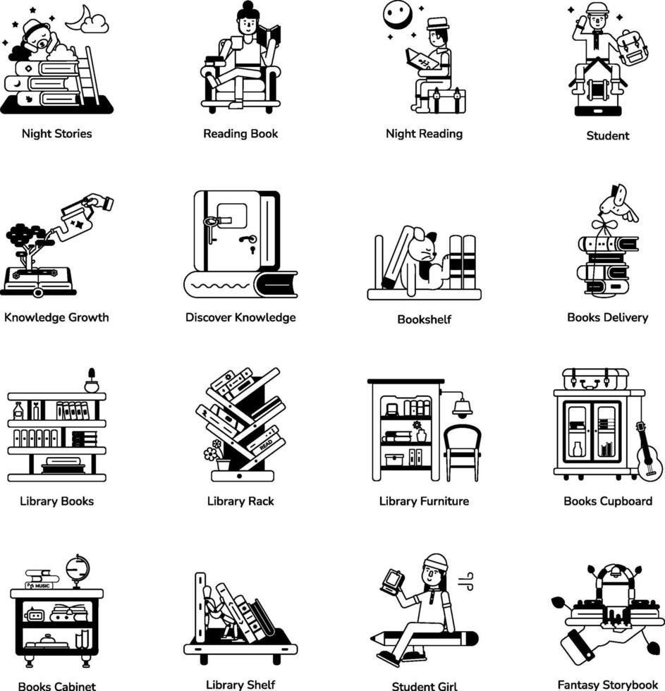 modieus glyph pictogrammen beeltenis boek bibliotheek vector