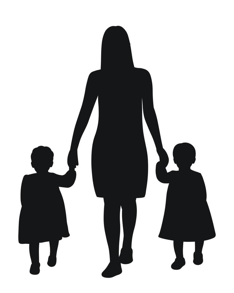 silhouet van moeder met Tweelingen, familie wandelen, mam en zussen Holding handen geïsoleerd vector