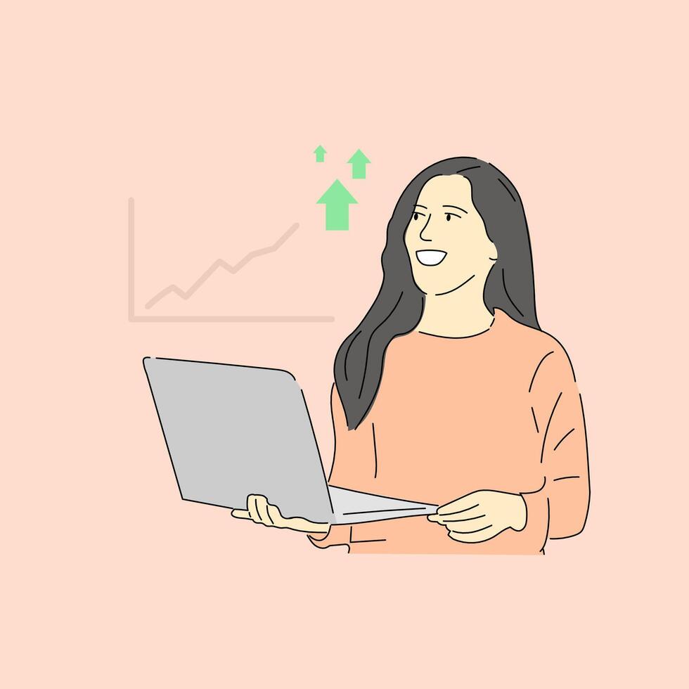 vrouw Holding laptop, gelukkig omdat verkoop zijn toenemend vector