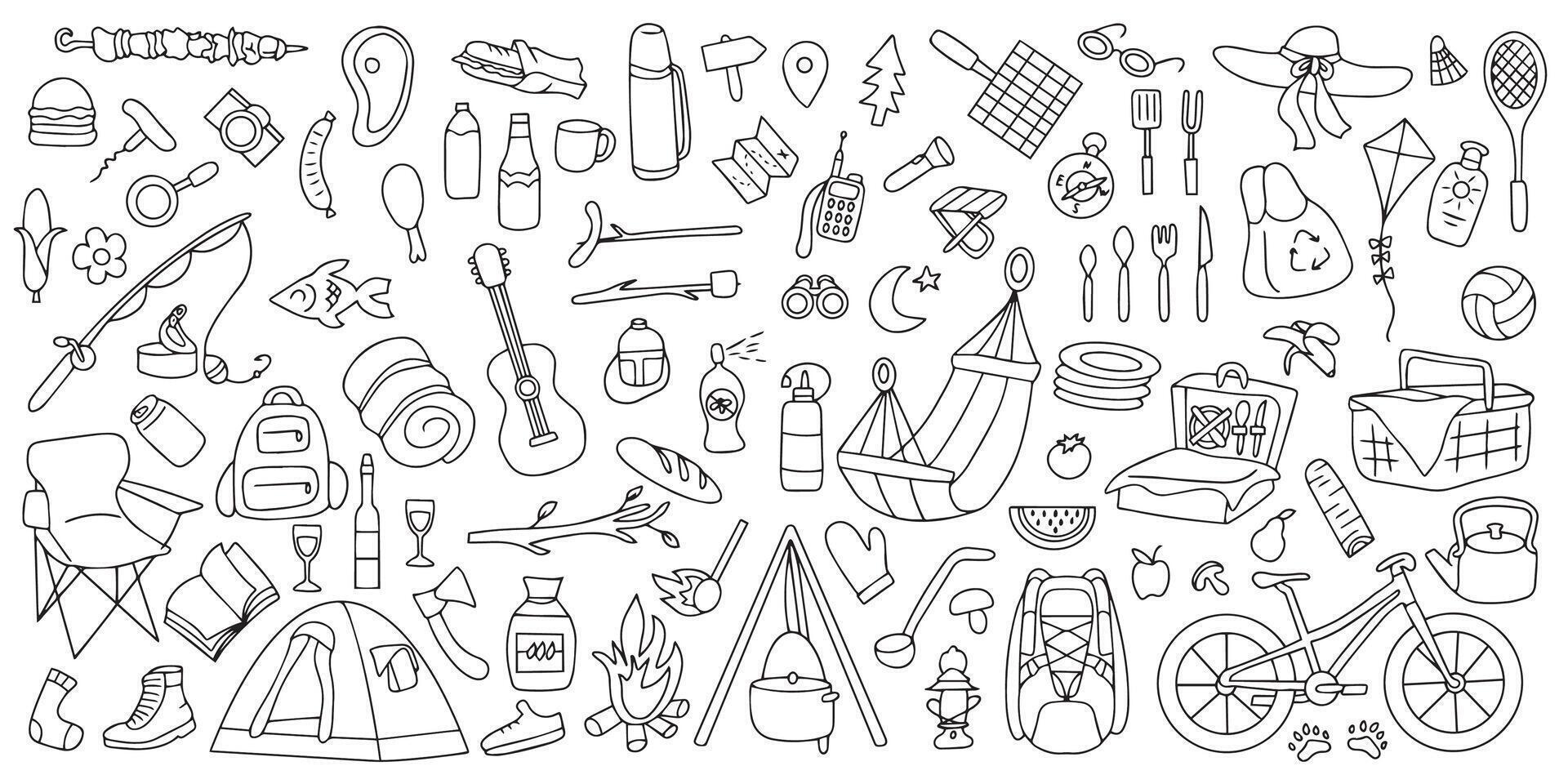 hand- getrokken picknick, reizen en camping thema. vector illustratie
