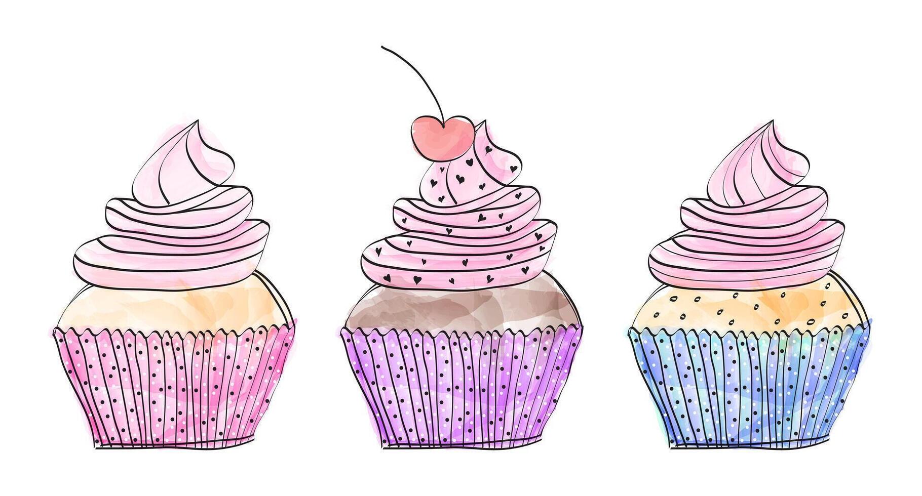 mooi cupcakes reeks of muffin verzameling in kleurrijk waterverf tekening stijl Aan wit achtergrond vector