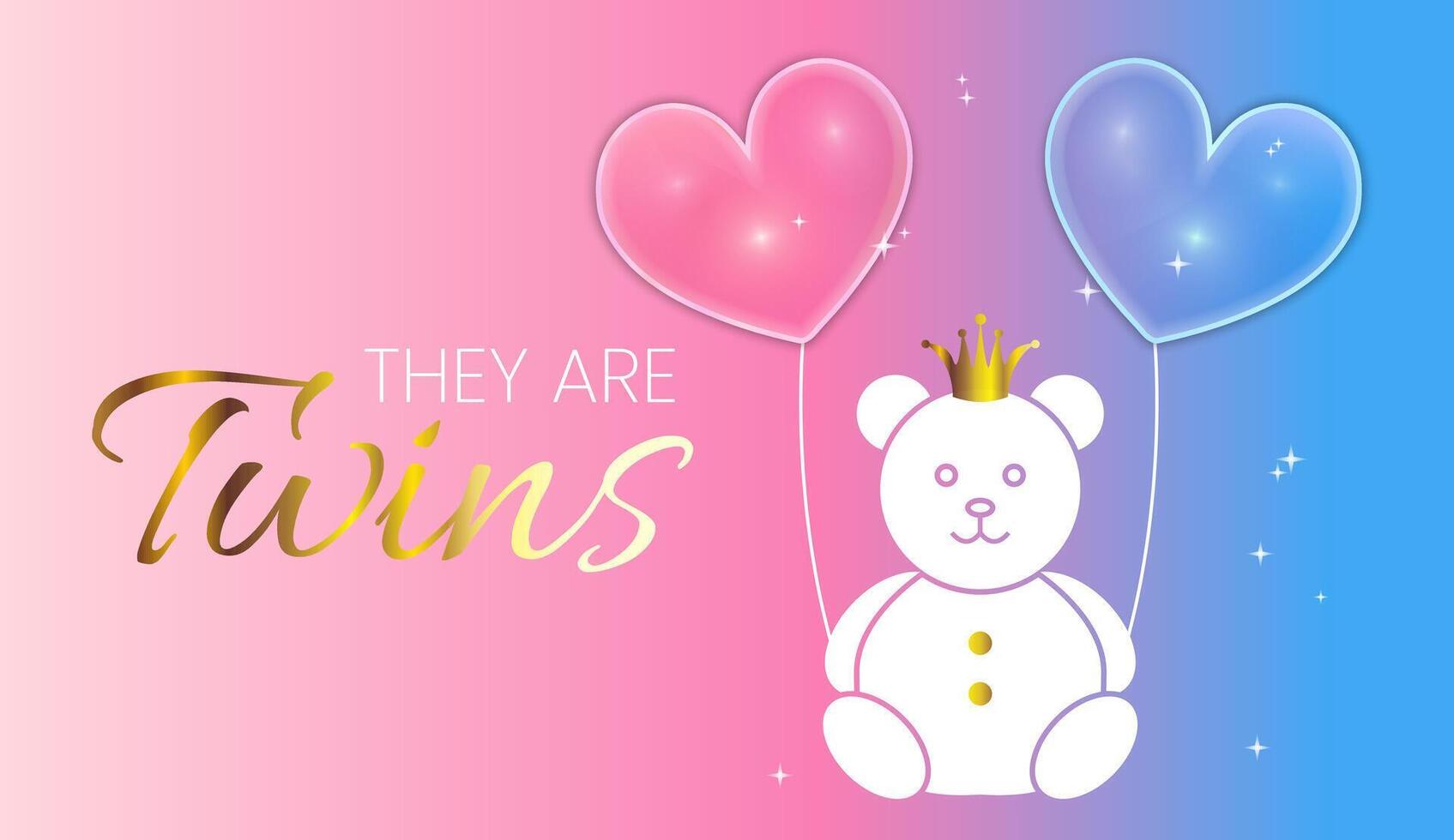baby douche uitnodiging ontwerp. blauw roze ze zijn Tweelingen vector illustratie met beer en hart ballonnen voor meisje en jongen