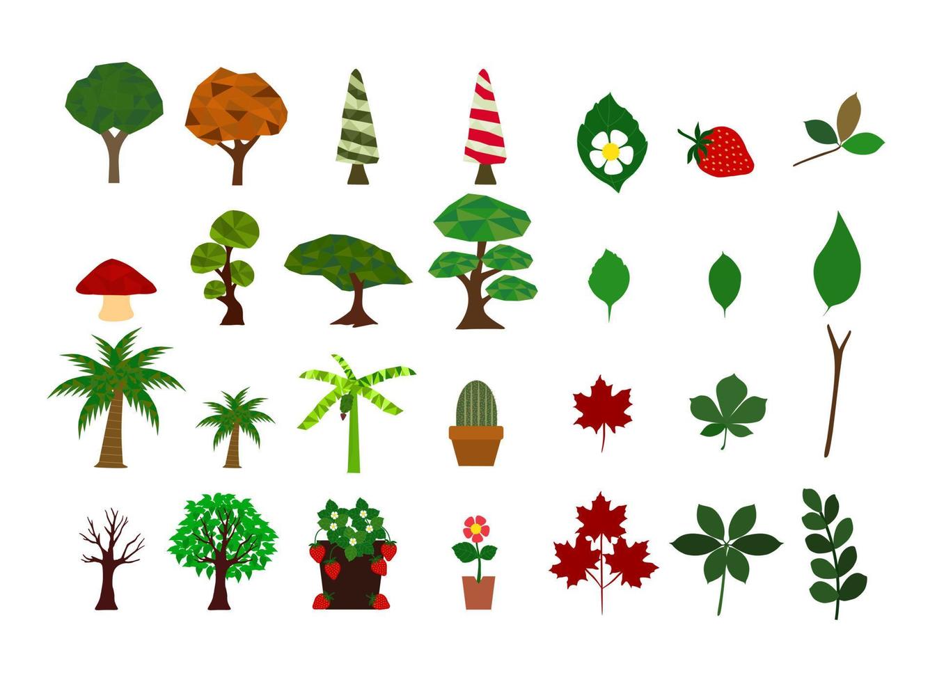 stelt bomen, blad, aardbei en bloem op een witte achtergrond, de verzameling bomen. vector