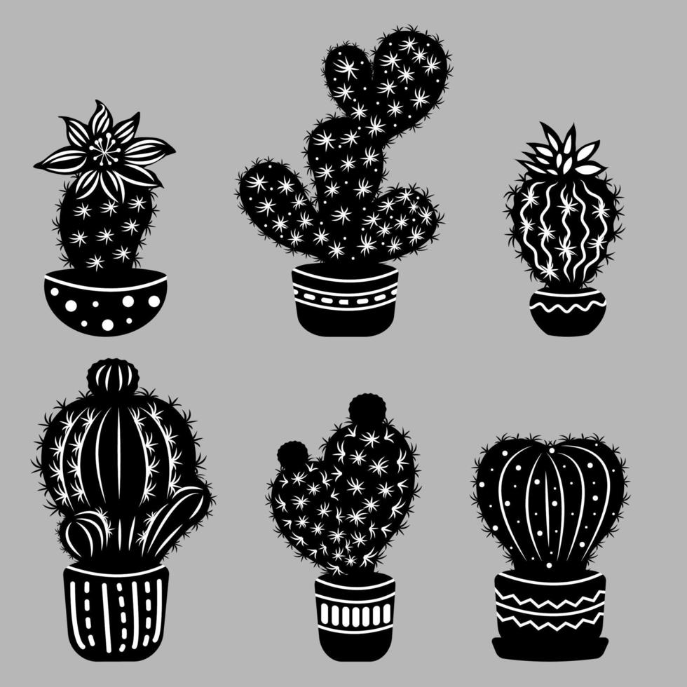 set van zwart-witte cactussen in potten. kamerplanten afbeeldingen geïsoleerd van de achtergrond. vector