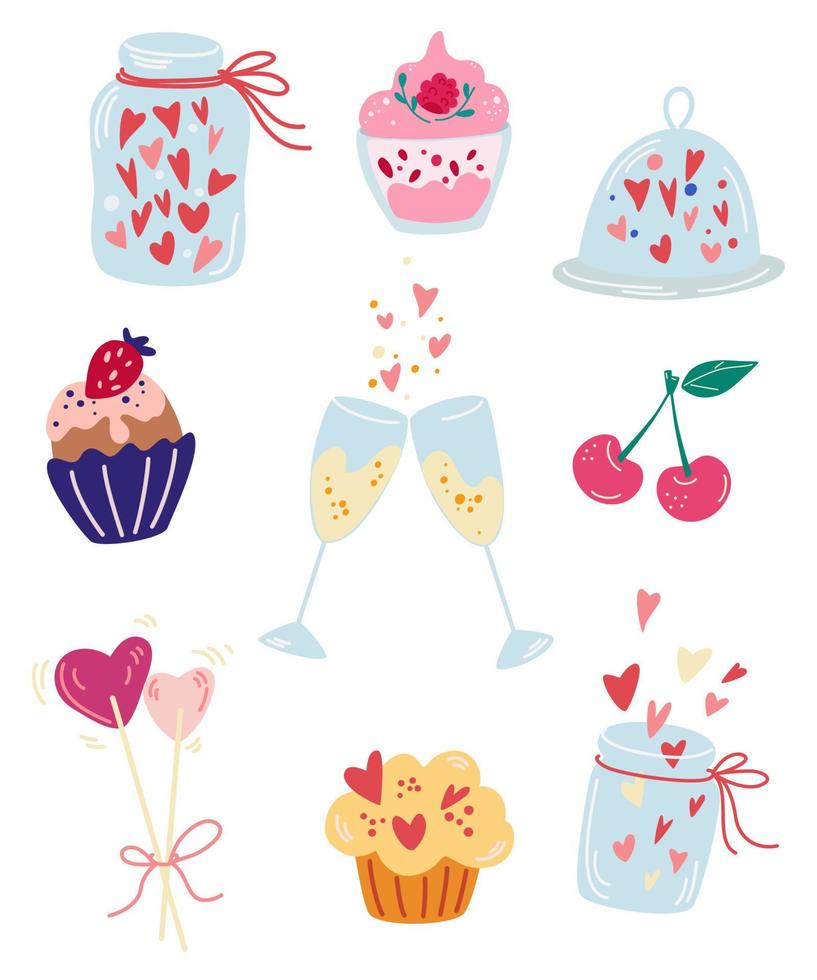 snoep voor Valentijnsdag collectie. potjes met hartjes, lolly's, pannenkoeken, muffins en cupcakes, kersen en aardbeien. voor restaurants cafés recepten en menu's. vectorillustratie. vector