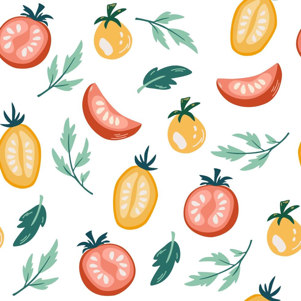 tomaten naadloos patroon. kookingrediënt in moderne schetshandgetekende stijl. kleurrijke achtergrond van groente, goed voor textielprint of inpakpapier. vectorillustratie. vector