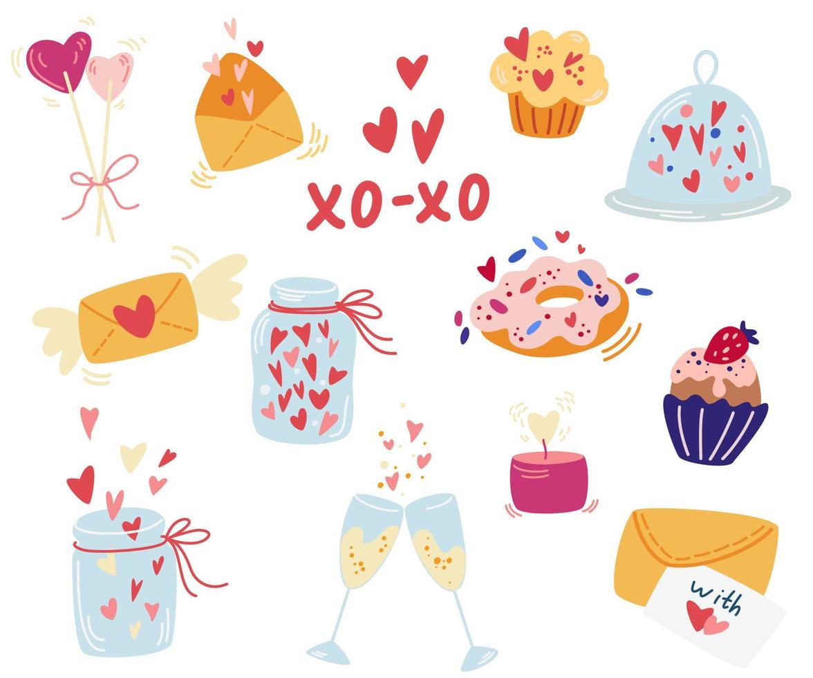 Valentijnsdag elementen instellen. champagne, harten, snoep, snoep, cakes, potten en inscriptie. perfect voor Valentijnsdag cadeau, stof, wenskaarten, uitnodiging. cartoon vectorillustratie. vector