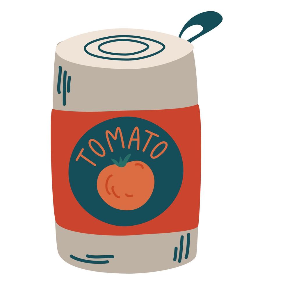 blikje tomatensaus. gezond vegetarisch eten. voor het ontwerpen van recepten, menu's, culinaire blogs, briefpapier. cartoon vectorillustratie. isoleren op een witte achtergrond. vector