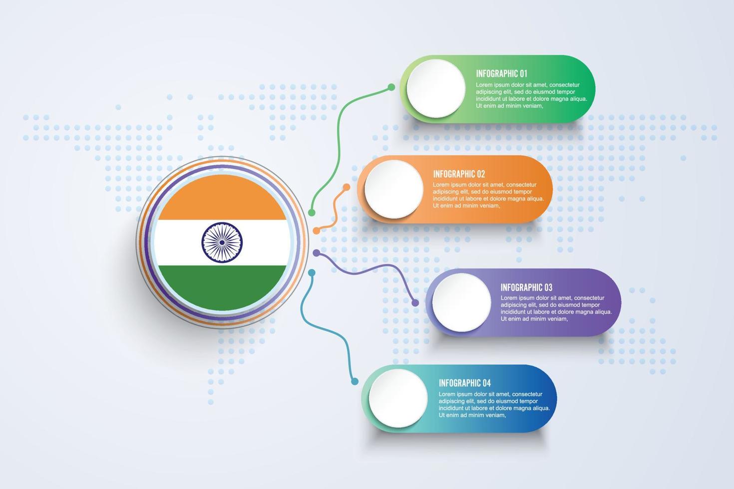 vlag van india met infographic ontwerp geïsoleerd op stip wereldkaart vector