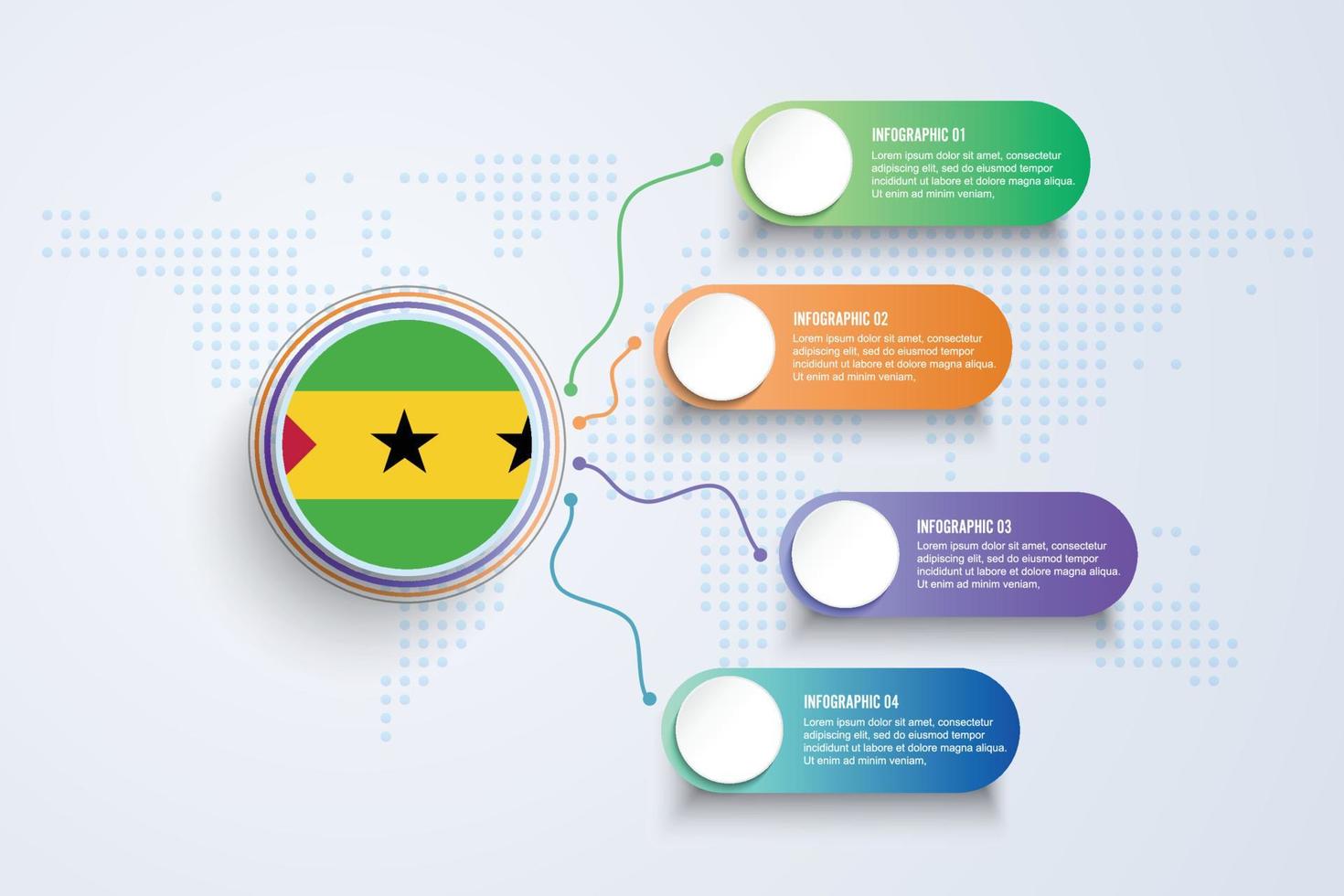 Sao Tomé en Principe vlag met infographic ontwerp geïsoleerd op stip wereldkaart vector