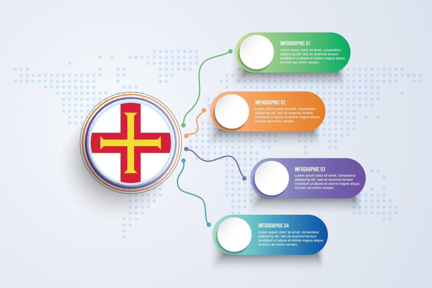 Vlag van Guernsey met infographic ontwerp geïsoleerd op punt wereldkaart vector