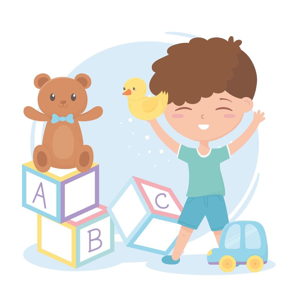 kinderzone, schattige kleine jongen alfabetblokken teddybeer en autospeelgoed vector