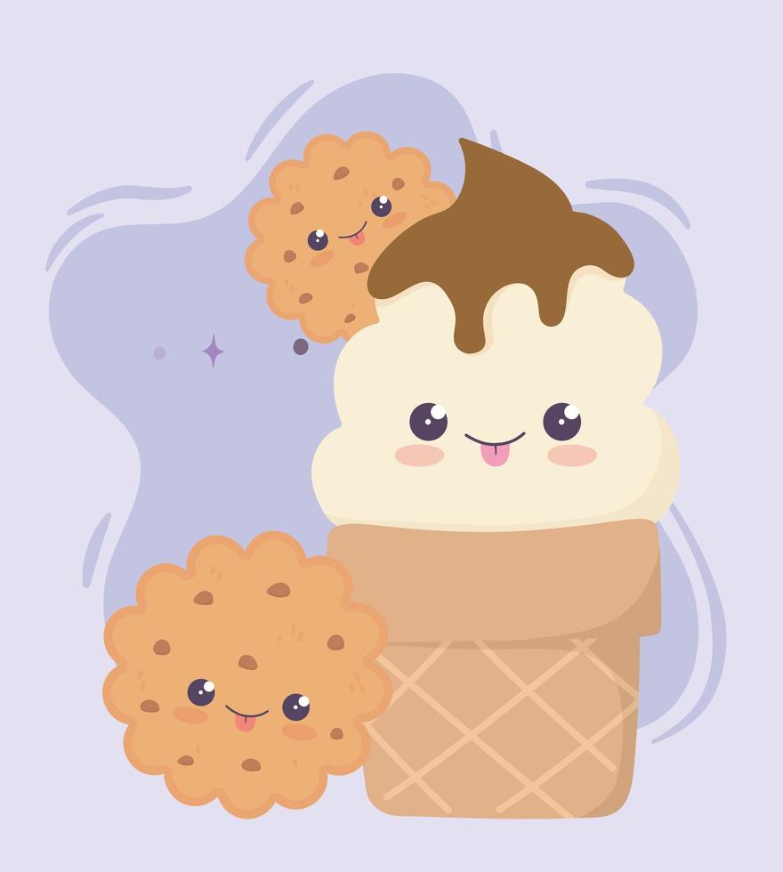 schattig ijshoorntje en koekjes kawaii stripfiguur vector