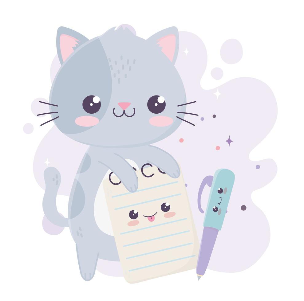 schattige kleine kat met notitieblok en pen kawaii stripfiguur vector