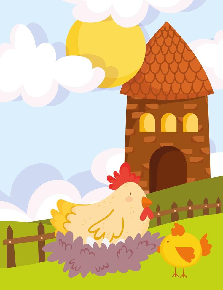 boerderijdieren kip in nest kippenschuur hek gras cartoon vector