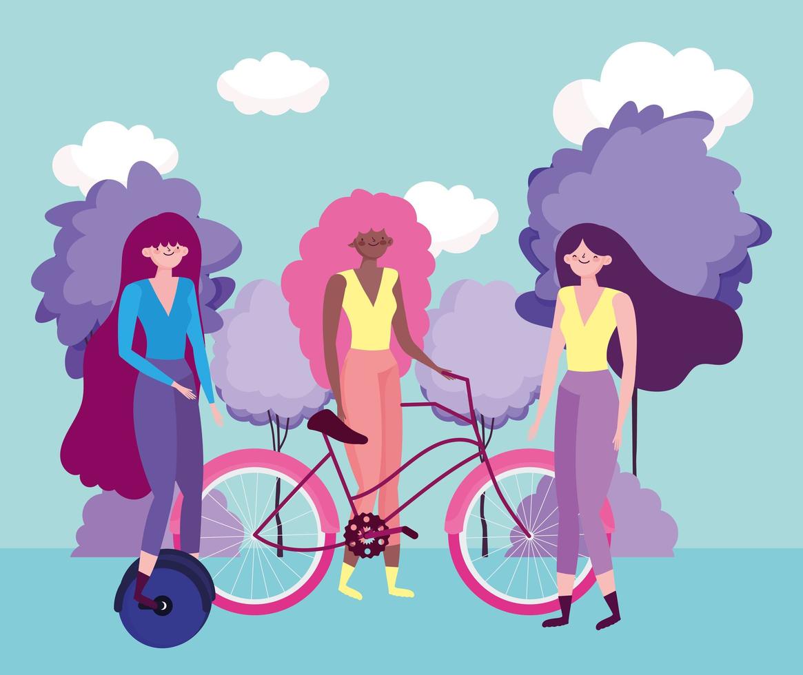 milieuvriendelijk vervoer, groepsvrouwen met en fietskarakters vector
