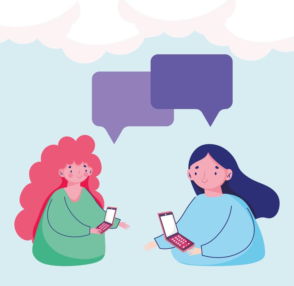 mensen en smartphone, vrouwen die mobiel sms-chatten cartoon gebruiken vector