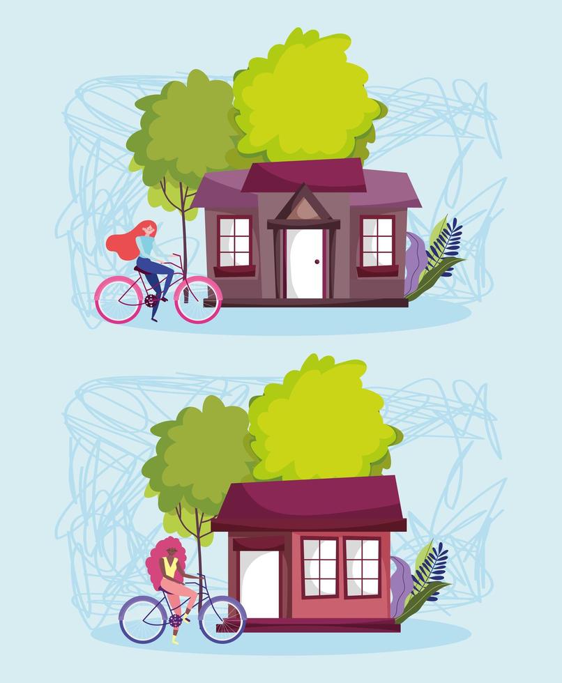 milieuvriendelijk vervoer, jonge vrouwen fietsen naar huis buiten cartoon vector