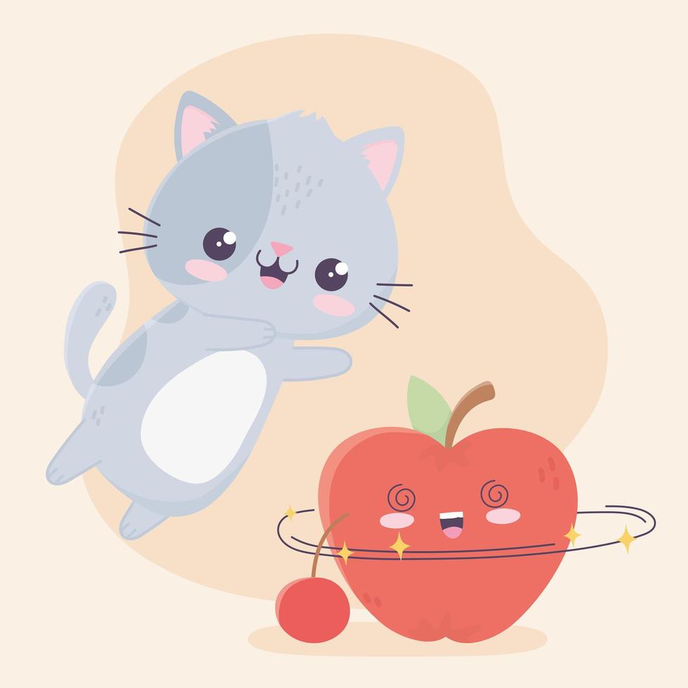 schattige kleine kat met appel en kersen kawaii stripfiguur vector