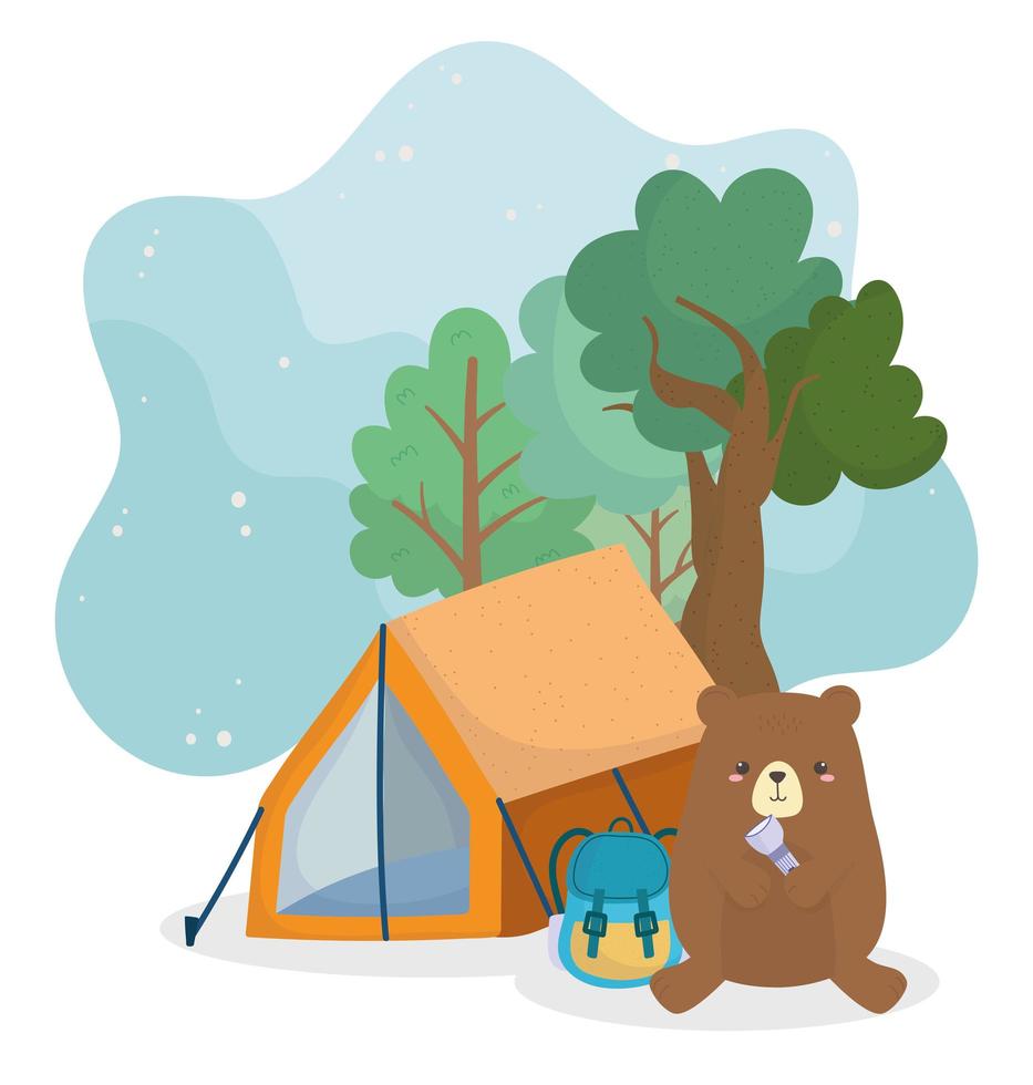 camping schattige beer met rugzak lantaarn tent bomen bos vector