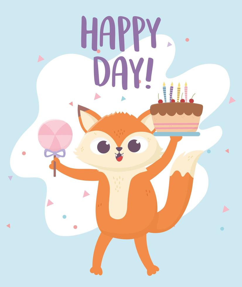 gelukkige dag, kleine vos met cake en snoep in stok vector
