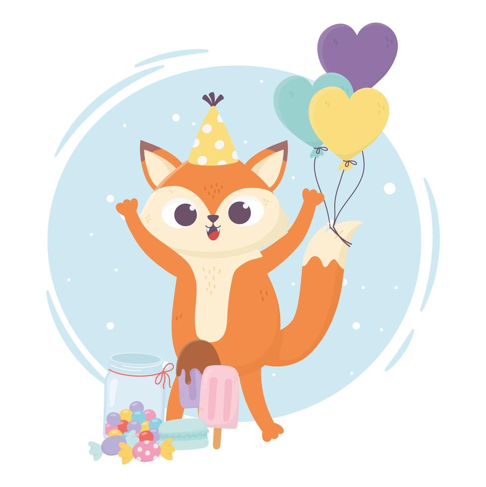 gelukkige dag, kleine vos met ballonnen karamelijs in stok vector