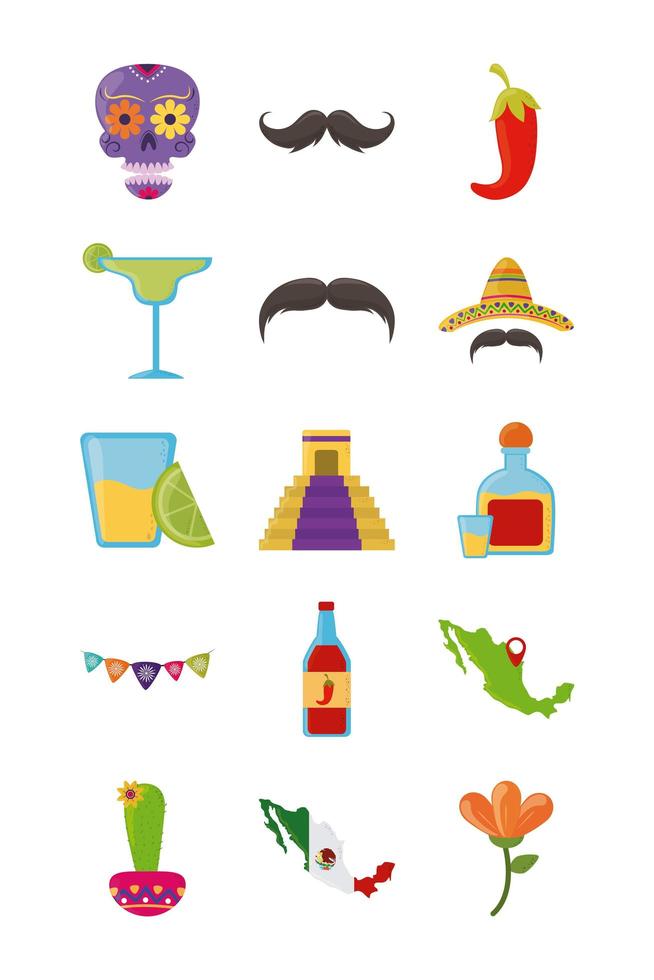 cinco de mayo mexicaanse viering feestelijke partij nationale pictogrammen instellen vlakke stijlicoon vector