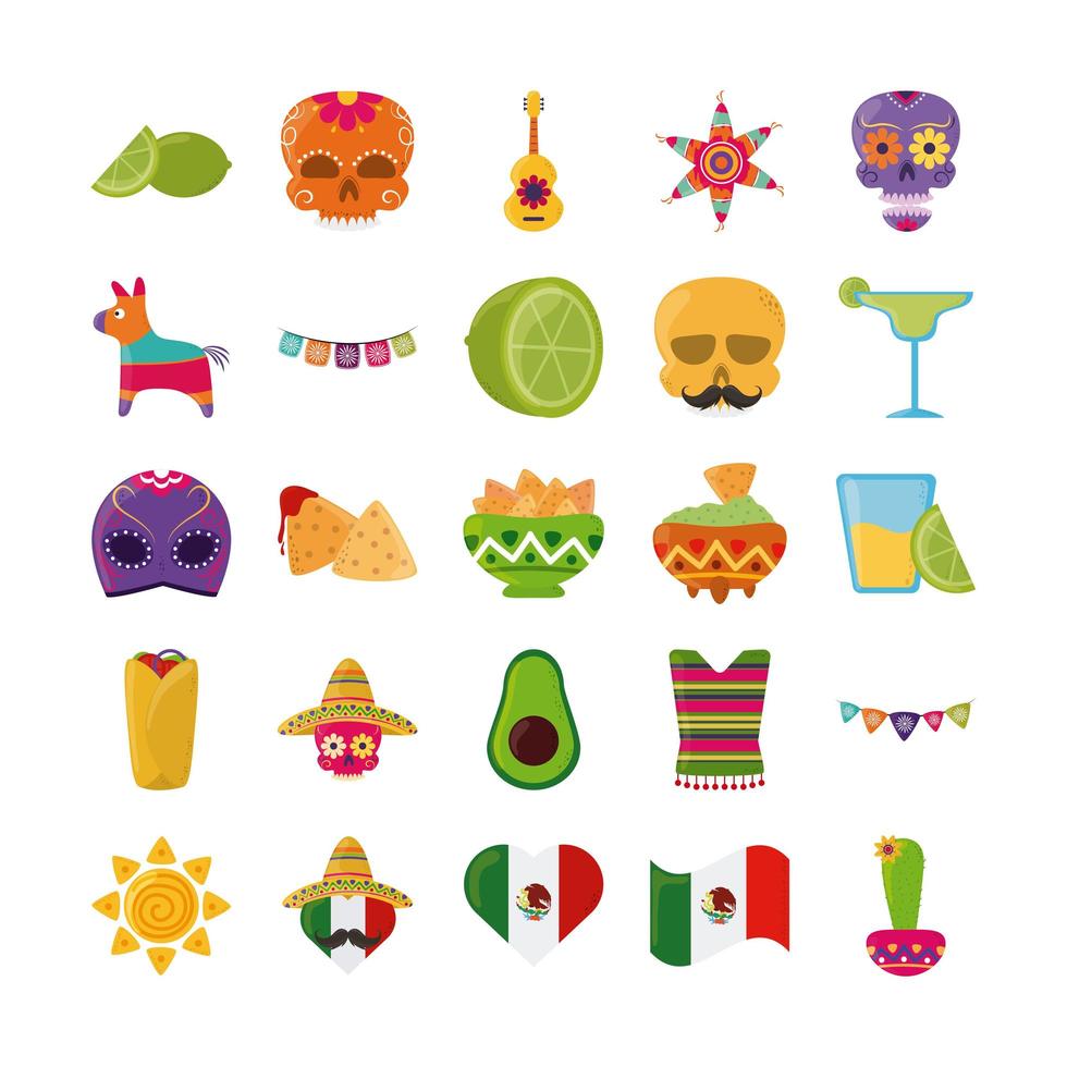 cinco de mayo mexicaanse viering feestelijke partij nationale pictogrammen instellen vlakke stijlicoon vector