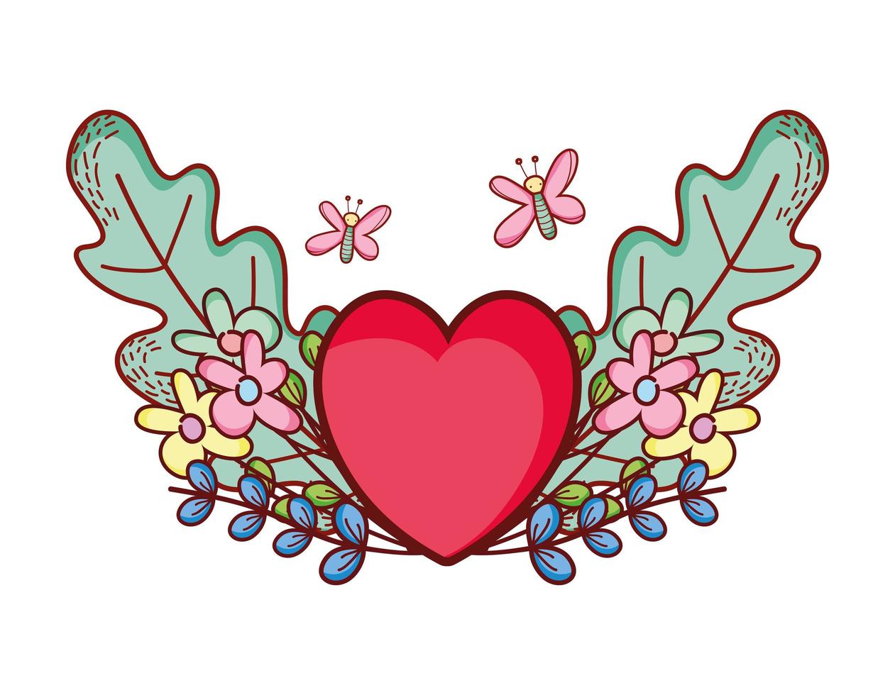 rood hart liefde vlinders bloemen gebladerte cartoon vector