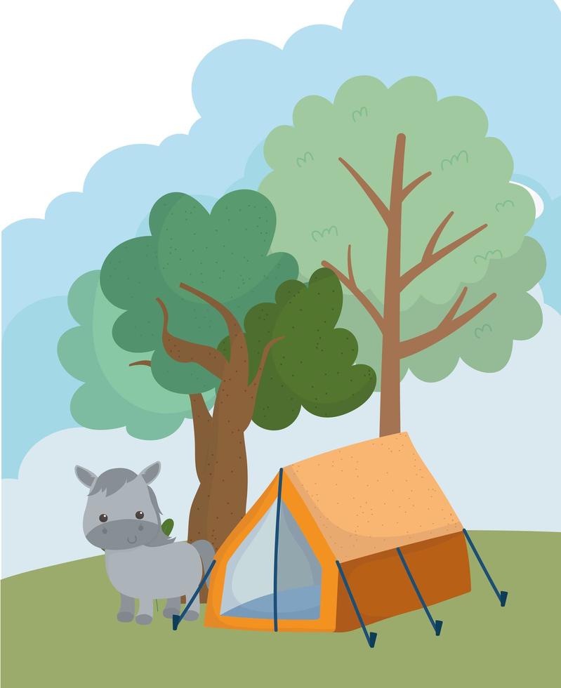 camping schattige ezel tent bomen gras natuur cartoon vector