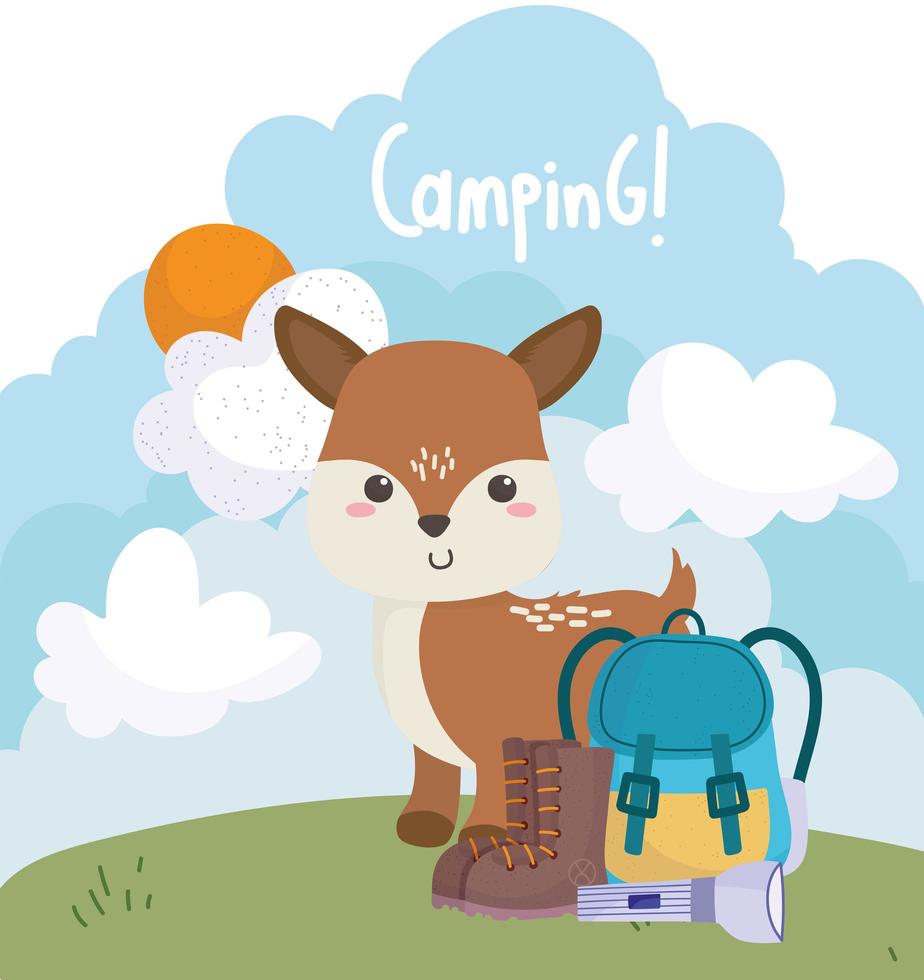 camping schattige kleine herten rugzak zaklamp laarzen gras cartoon vector