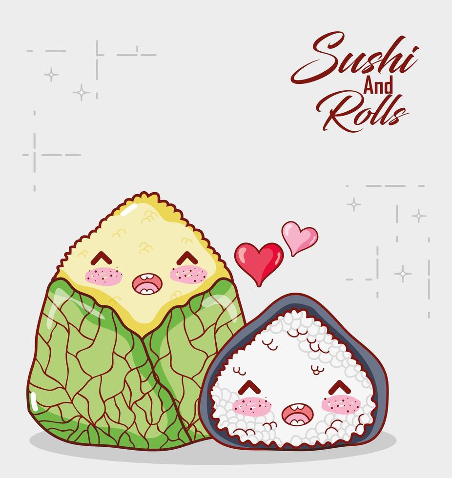 kawaii rijstwafel eten japanse cartoon, sushi en broodjes vector
