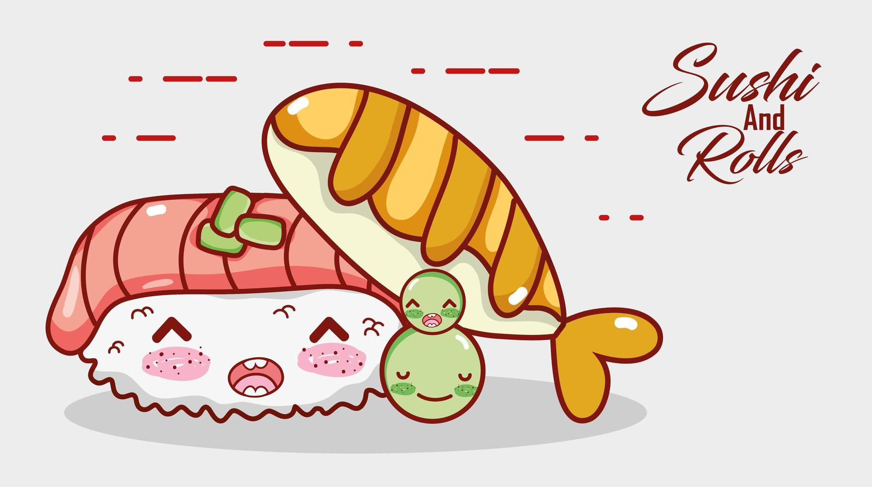 kawaii nigiri sushi vis en erwten eten japanse cartoon, sushi en broodjes vector