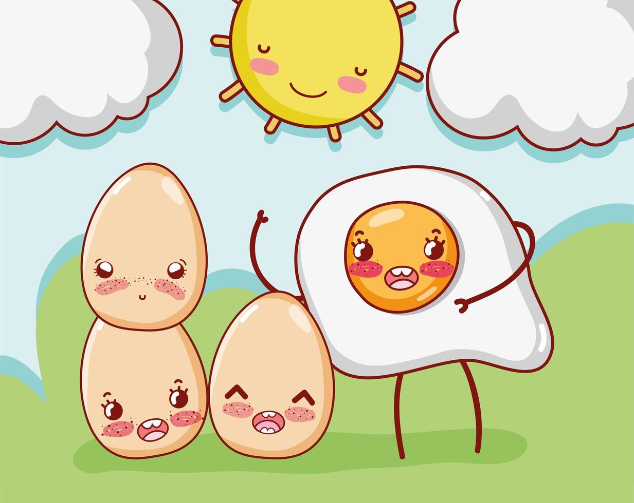 ontbijt schattig gebakken ei en eieren happy cartoon vector