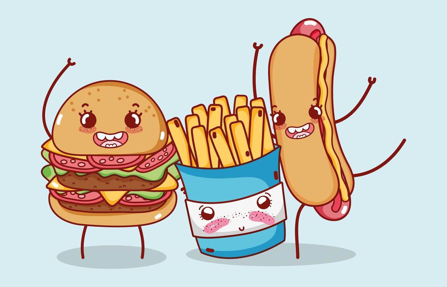 fastfood schattige hamburger frietjes en hotdog cartoon vector