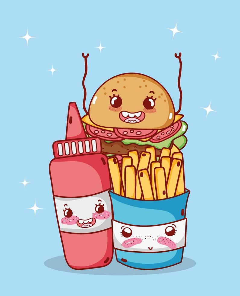 fastfood schattige frietjes hamburger en tomatensaus cartoon vector