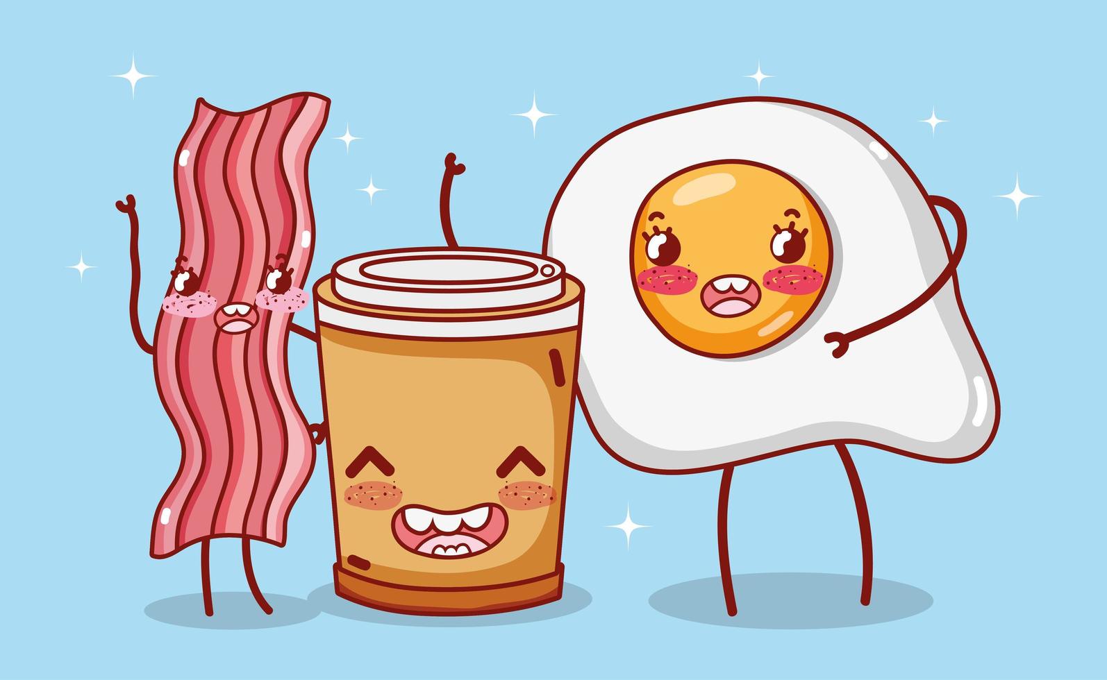 ontbijt schattig gebakken ei spek en koffiekopje plastic cartoon vector