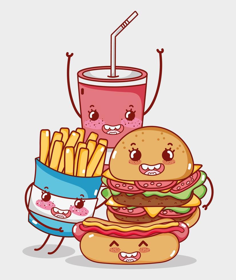 fastfood schattige hamburger hotdog frietjes en frisdrank beker cartoon vector