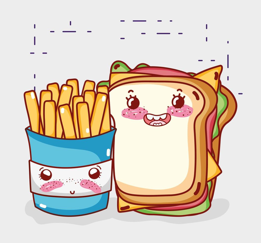 fastfood schattige sandwich en frietjes cartoon vector