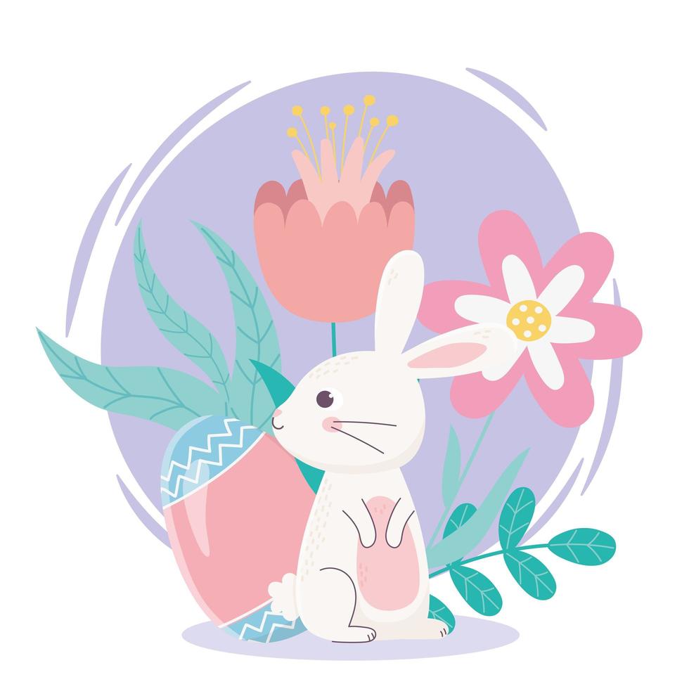 fijne paasdag, wit konijn ei bloemen folaige bladeren decoratie vector