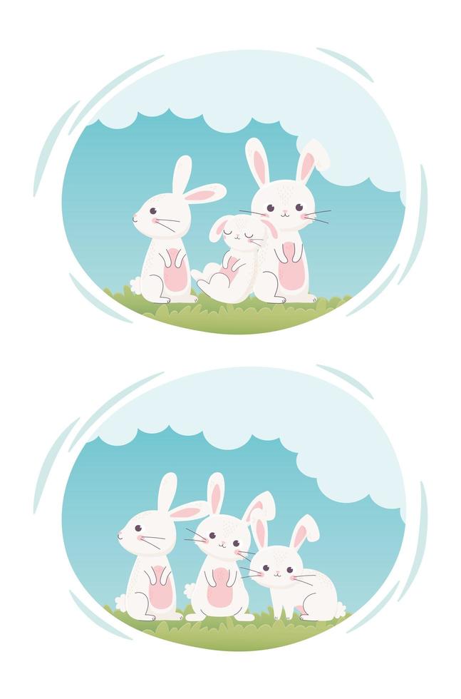 fijne paasdag, schattige witte konijnen in cartoonlabels van gras vector