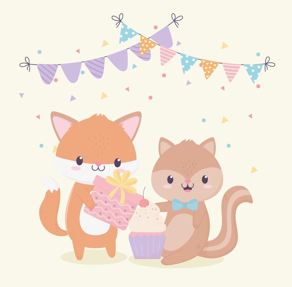 gelukkige verjaardag vos eekhoorn cadeau viering decoratie kaart vector