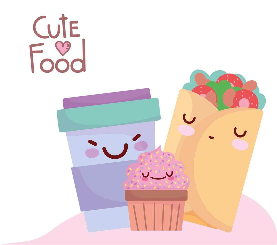 Burrito cupcake smoothie cup menu karakter cartoon eten schattig vector