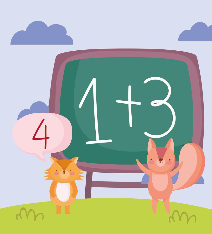 terug naar school, schattige vos en eekhoorn wiskunde voorbeeld schoolbord vector
