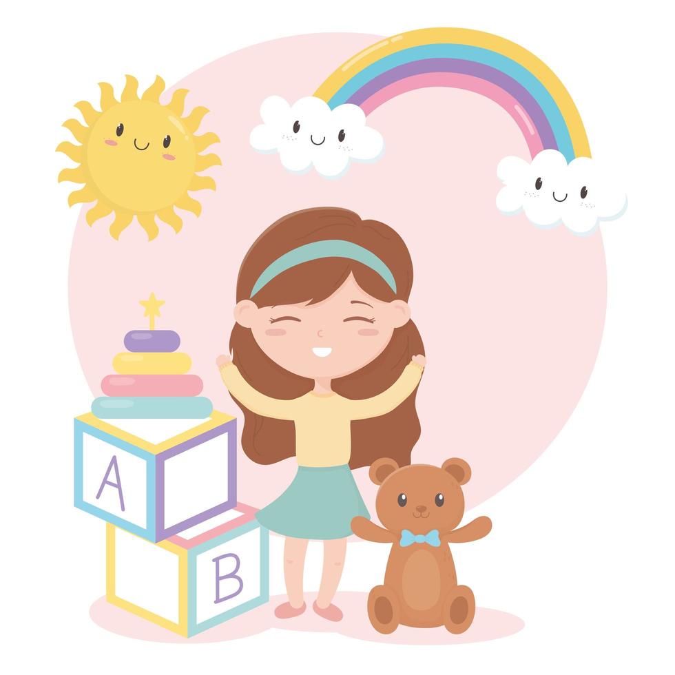 kinderzone, kleine meisjesalfabetblokken teddybeer en stapeltorenspeelgoed vector