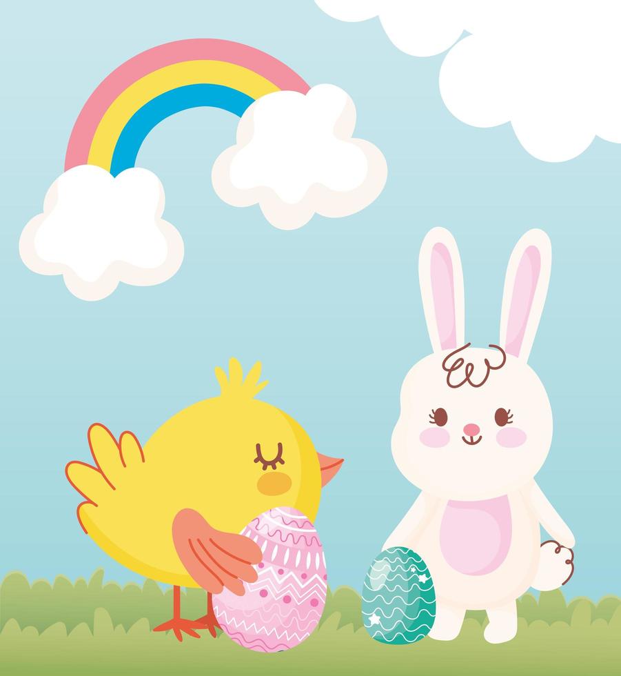 vrolijk pasen konijn en kip met eieren in gras regenboogwolken vector